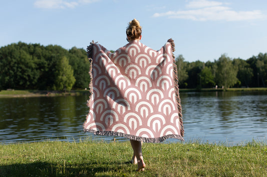 Rainbow Curves in Blush Pink Woven Blanket